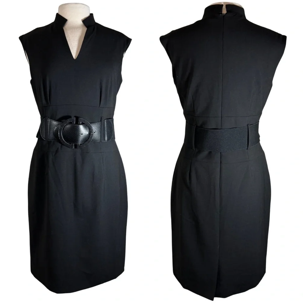 ANTONIO MELANI Sz 8 Black Dress Belted Above Knee V Neck Collared - Picture 1 of 9